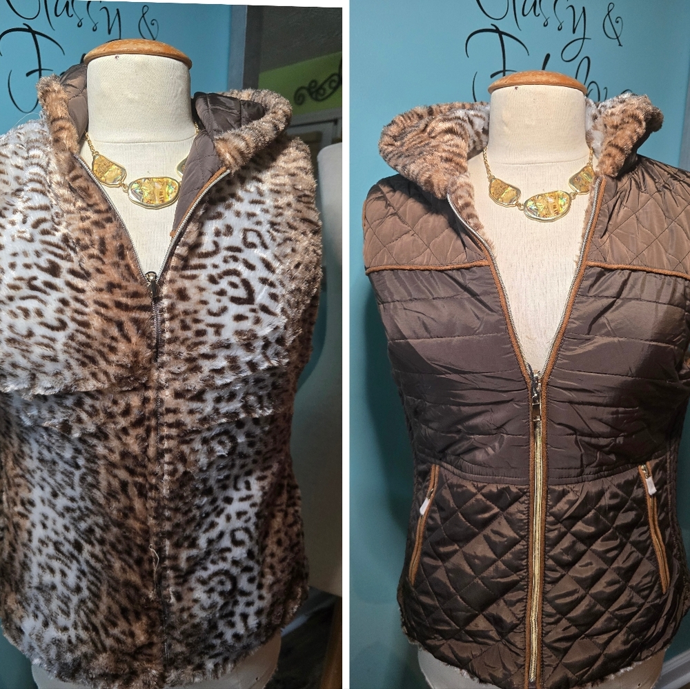 Reversible Leopard Print and Brown Quilted Vest